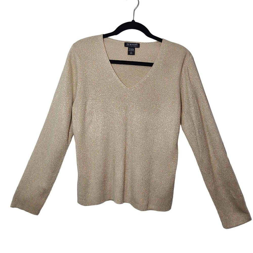 New York & CompanyV Neck Blouse Top‎ Gold Shimmer Metallic Size Large Sparkle